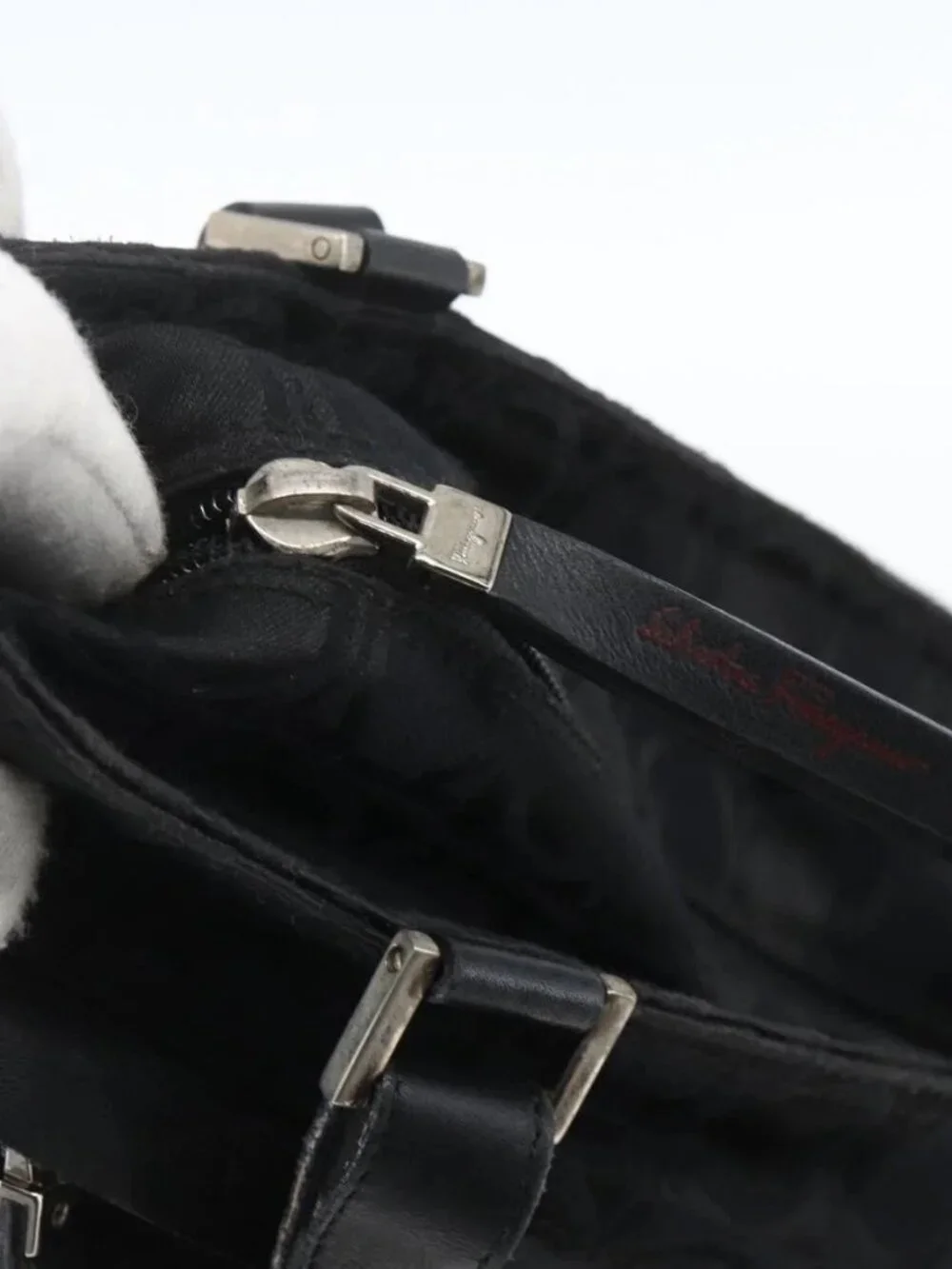 Salvatore Ferragamo Tote Bag Nylon Black Silver Auth SW2049